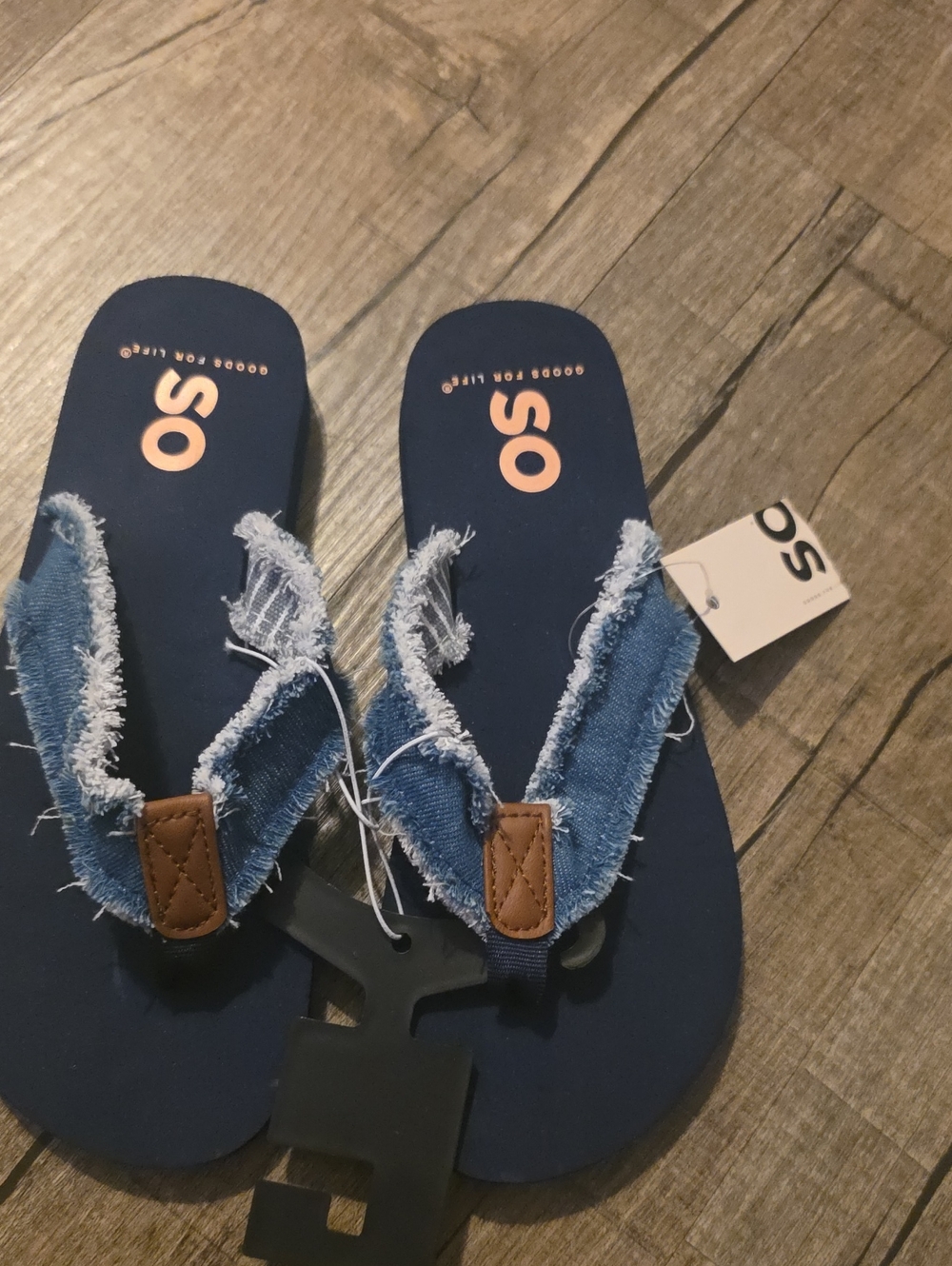 SO Navy Blue Flip Flops with Distressed Denim Straps
